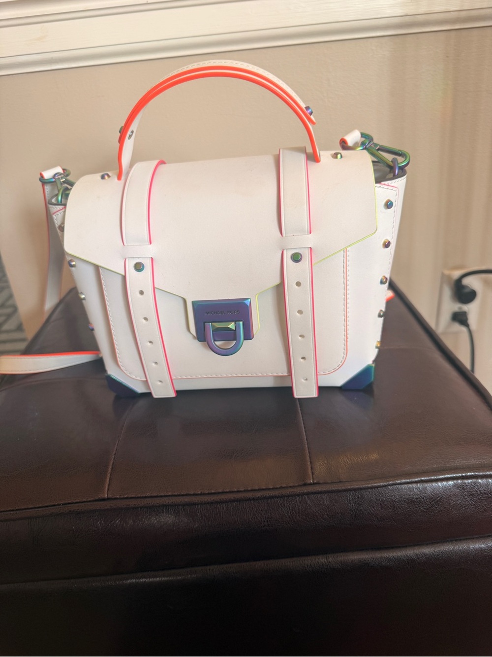 Michael Kors Manhattan White Leather Satchel with Neon Pink and Orange Trim